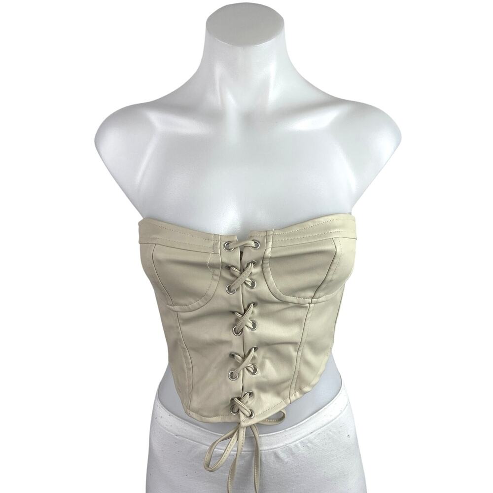 Zara Beige Sleeveless Strapless Lace Up Corset Bustier Smocked Crop Top Size XS